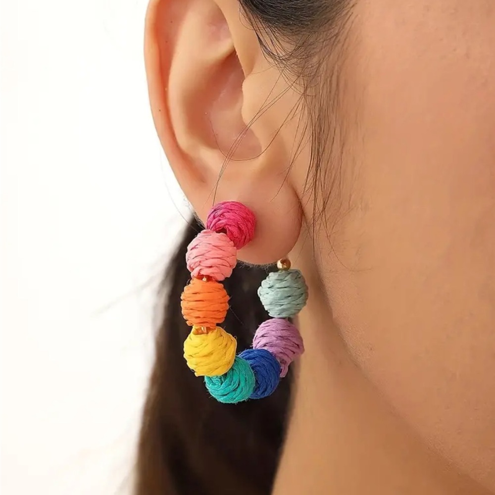 Colorful Raffia Ball Hoop Earrings